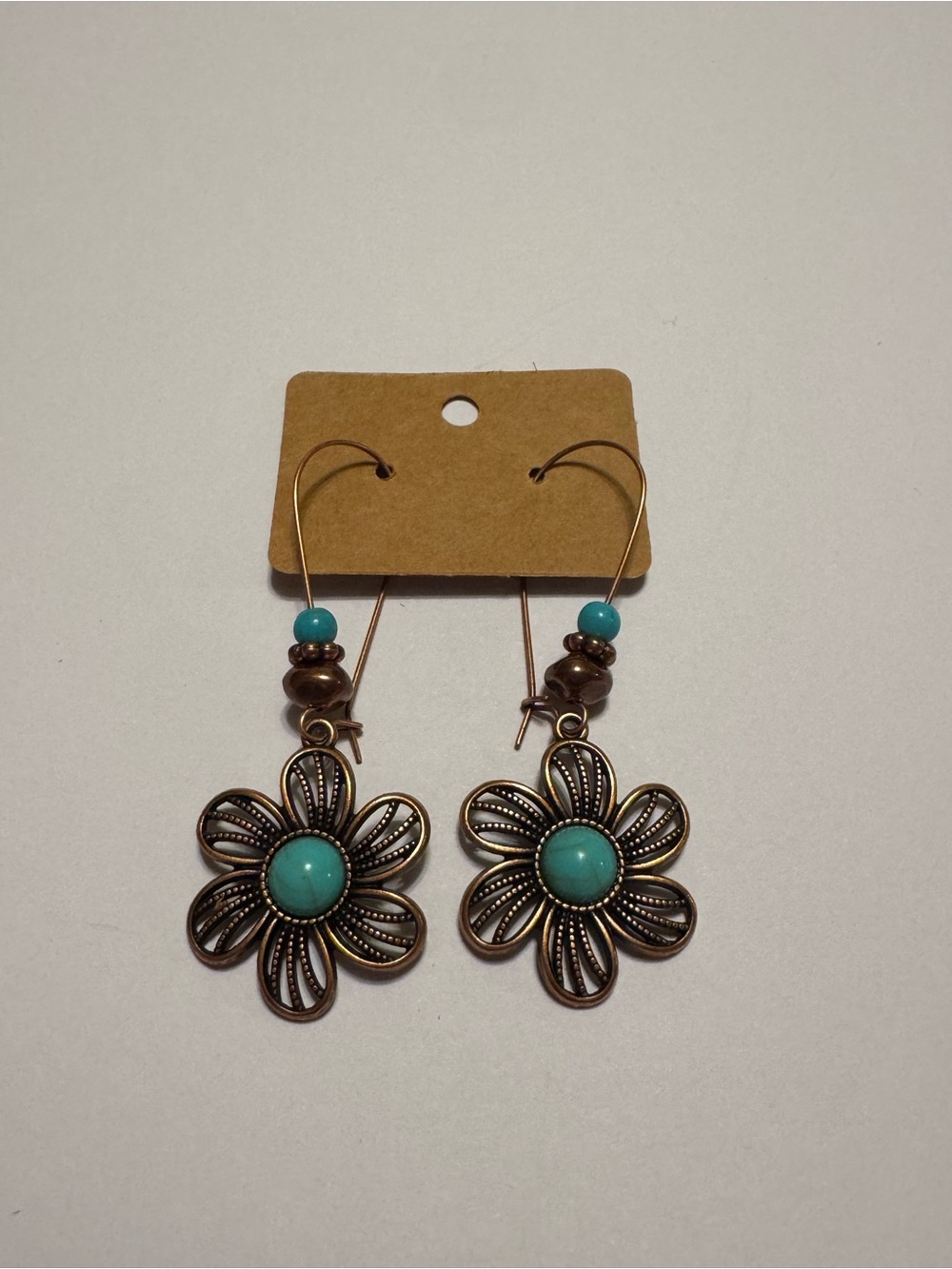 Turquoise Country Western Flower Copper Tone Long Dangle Earrings